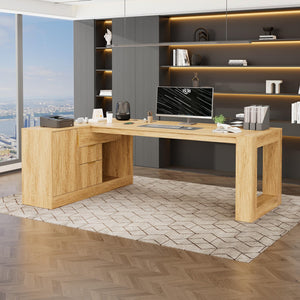 L-Shaped Executive Desk with Drawers, File Cabinet & Power Outlet – Walnut