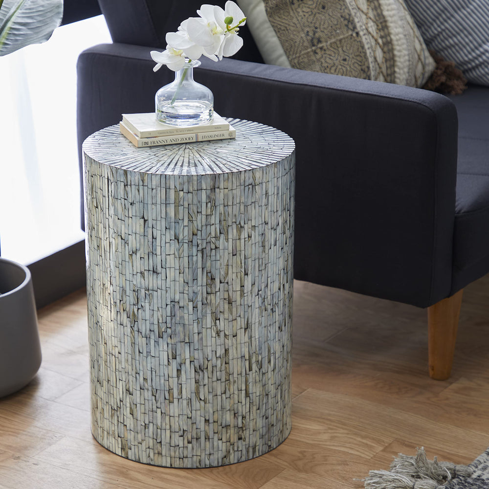 Mother of Pearl Mosaic Cylinder Side End Table, Light Blue, 14" x 14" x 20"