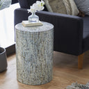 Mother of Pearl Mosaic Cylinder Side End Table, Light Blue, 14" x 14" x 20"