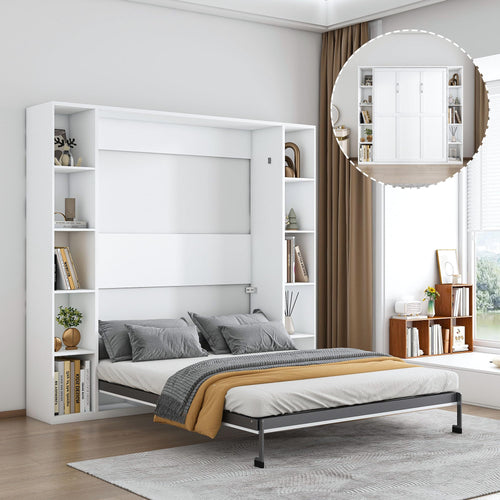 Queen Murphy Bed with Storage Cabinet – White