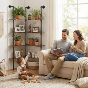 Industrial Pipe Corner Bookshelf – 4 Tier L-Shaped
