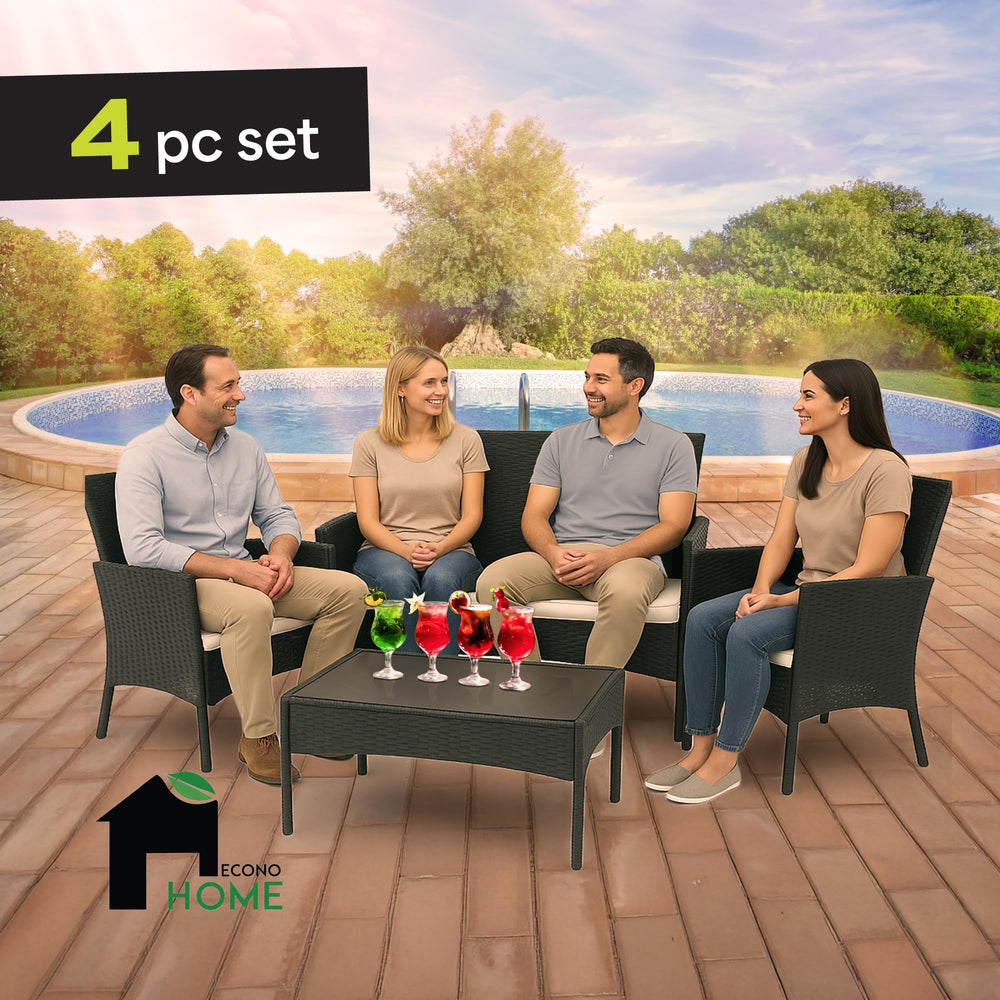 4-Piece Wicker Patio Conversation Set with Cushions & Glass Coffee Table