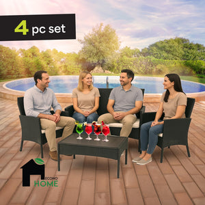 4-Piece Wicker Patio Conversation Set with Cushions & Glass Coffee Table