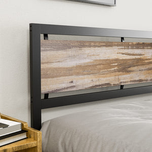 California King Metal Platform Bed Frame with Wooden Headboard – Industrial Style