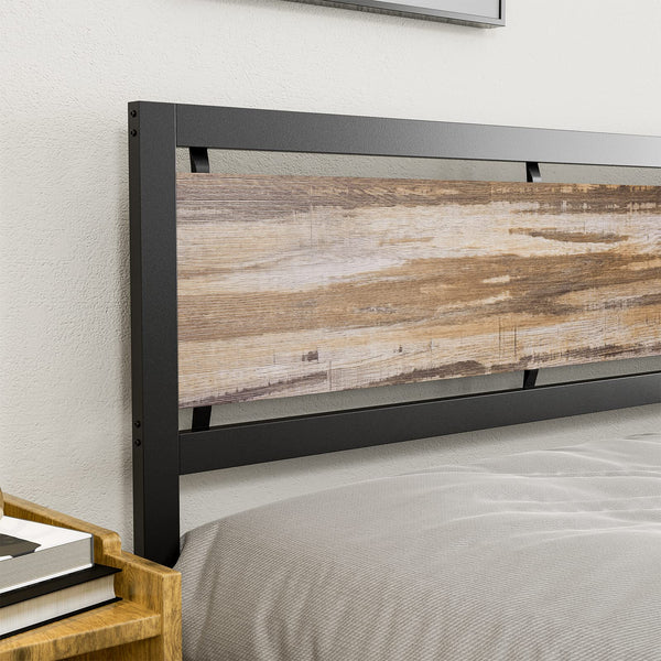 California King Metal Platform Bed Frame with Wooden Headboard – Industrial Style