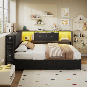 Twin Corner Bed Frame with Storage Headboard, LED Lights & Charging Station