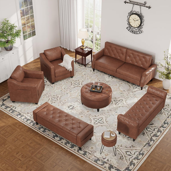 60" Upholstered Storage Ottoman Bench with Tufted Faux Leather & Nailhead Trim