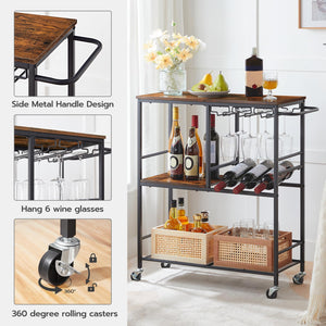 3-Tier Bar Cart with Wine Rack & Glass Holder
