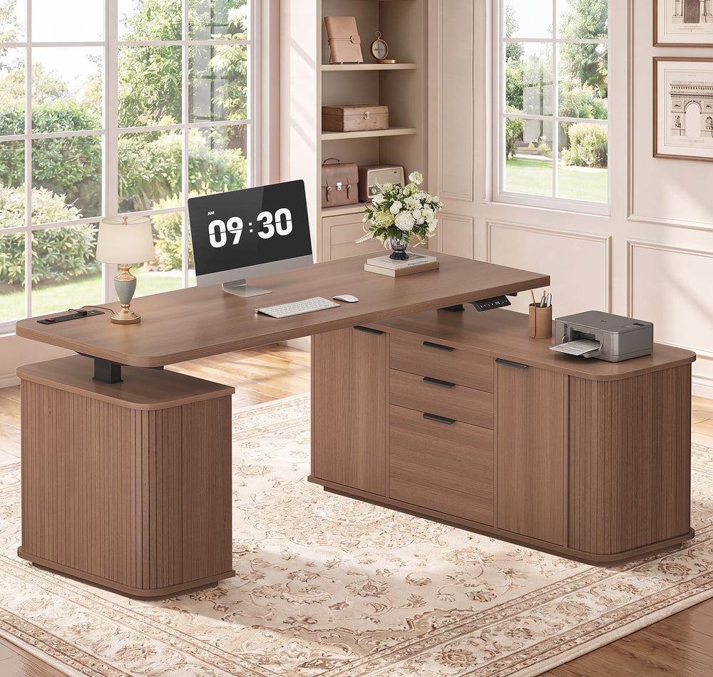 L-Shaped Electric Standing Desk with Storage & Power Outlet