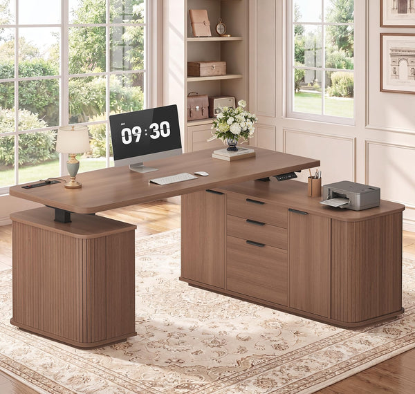 L-Shaped Electric Standing Desk with Storage & Power Outlet