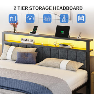 LED Bed Frame with Storage Headboard & Charging Station