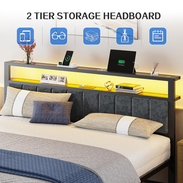 LED Bed Frame with Storage Headboard & Charging Station