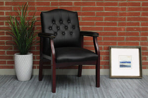 Traditional Vinyl Guest Chair with Mahogany Wood Base