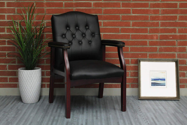 Traditional Vinyl Guest Chair with Mahogany Wood Base