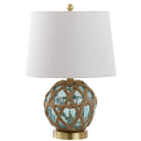 Aqua Glass & Rope Nautical Table Lamp with White Linen Drum Shade