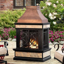 Sunjoy Outdoor Fireplace, Stone Look Tile Patio Wood Burning Steel Fireplace with Chimney, Spark Screen, Fire Poker, Rain Cover, and Removable Grate, Black with Golden Highlight