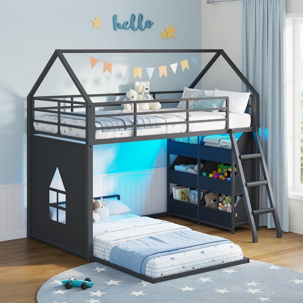 L-Shaped Twin Over Twin Bunk Bed with Storage Bins & LED Lights
