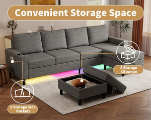 U-Shaped Sectional Sofa with RGB LED Light & USB Charging