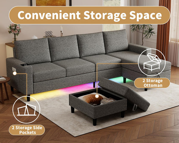 U-Shaped Sectional Sofa with RGB LED Light & USB Charging