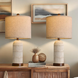 Farmhouse Bedside Table Lamps Set of 2 with USB Charging Ports