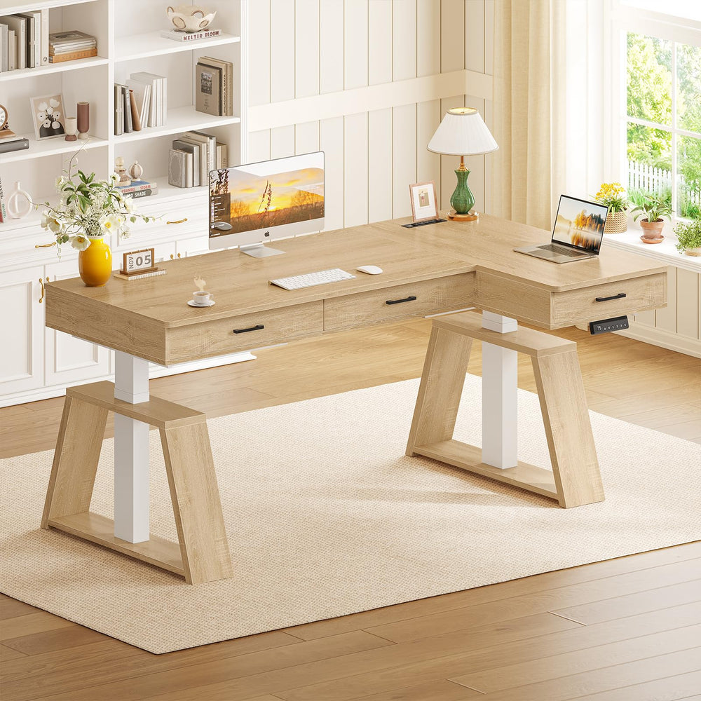 59" L-Shaped Electric Standing Desk with Drawers & Power Outlets