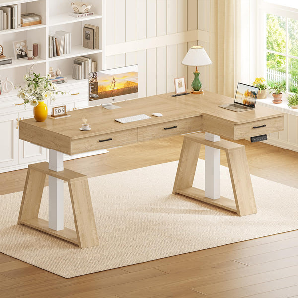 59" L-Shaped Electric Standing Desk with Drawers & Power Outlets
