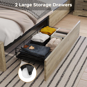 Farmhouse Bed Frame with Storage Headboard, LED Lights & Charging Station