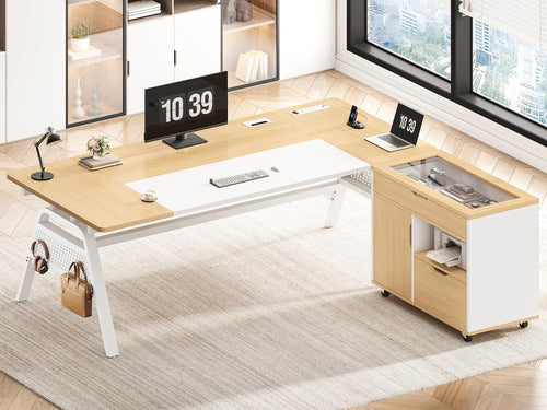 L-Shaped Desk with File Cabinet & Power Outlets