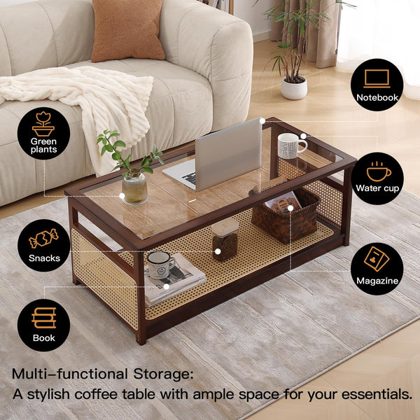 Rattan Glass Coffee Table with Storage Shelf