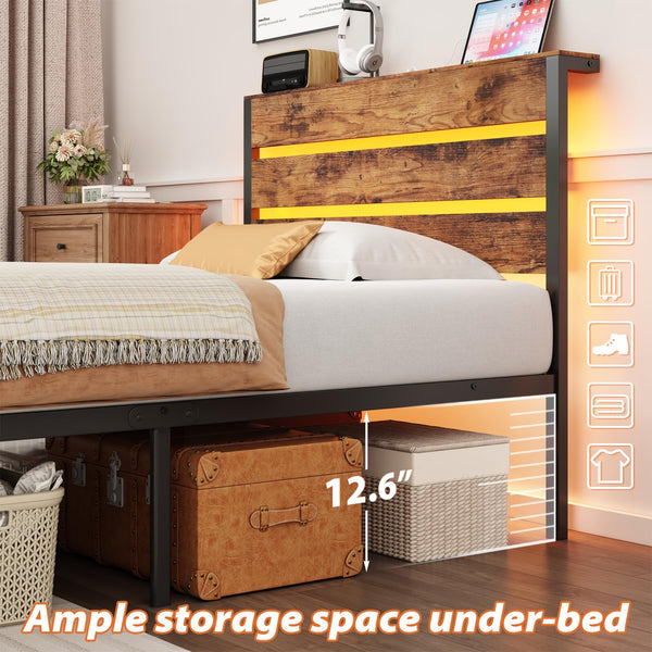 Twin Bed Frame with LED Lights & Charging Station