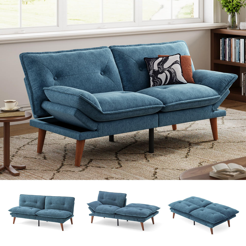 Convertible Futon Sofa Bed with Adjustable Backrest & Armrest