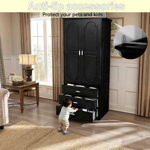 Wooden Wardrobe Closet with 3 Drawers, LED Light & Hanging Rod