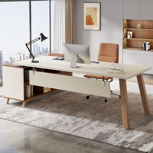 L-Shaped Executive Desk with Cabinet & Storage Shelves