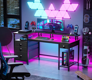 60-Inch Computer Desk with LED Lights, USB Charging, File Cabinet & Monitor Stand