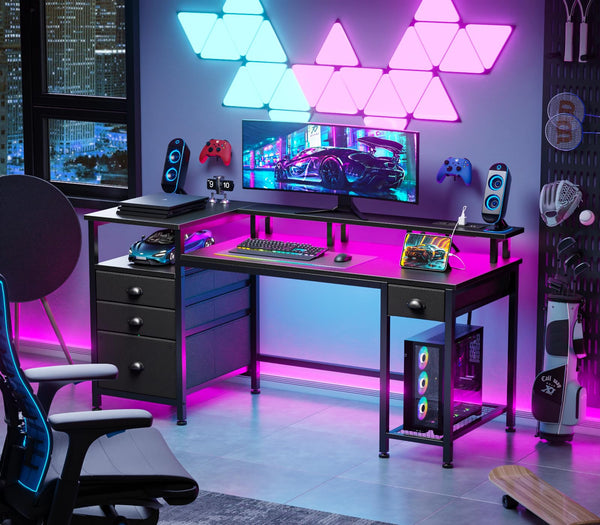 60-Inch Computer Desk with LED Lights, USB Charging, File Cabinet & Monitor Stand