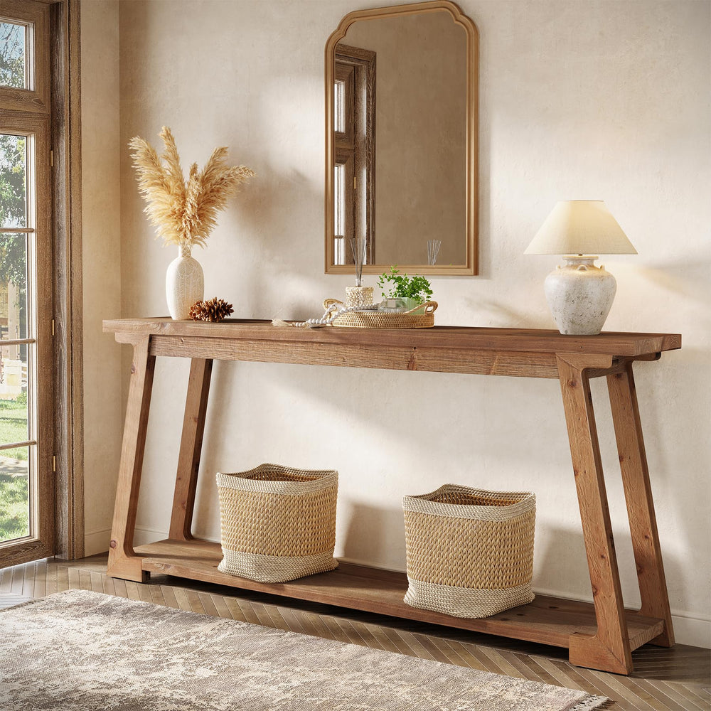 63-Inch Solid Wood Console Table with 2-Tier Storage