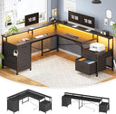 L-Shaped Desk with 6 Drawers, Monitor Shelf, Power Outlets & LED Lights