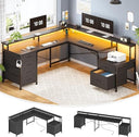 L-Shaped Desk with 6 Drawers, Monitor Shelf, Power Outlets & LED Lights