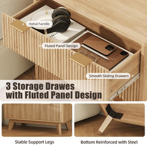 Fluted Nightstand Set of 2 with Charging Station & 3 Drawers