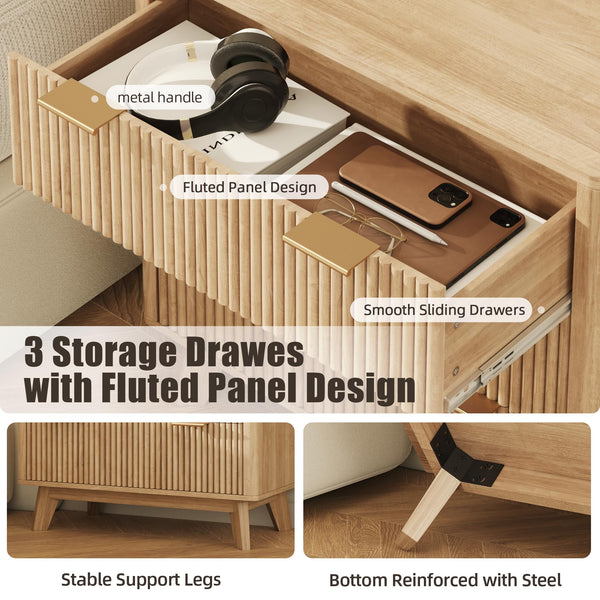 Fluted Nightstand Set of 2 with Charging Station & 3 Drawers