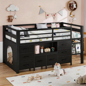 Twin Low Loft Bed with 8 Storage Drawers & Bookcase