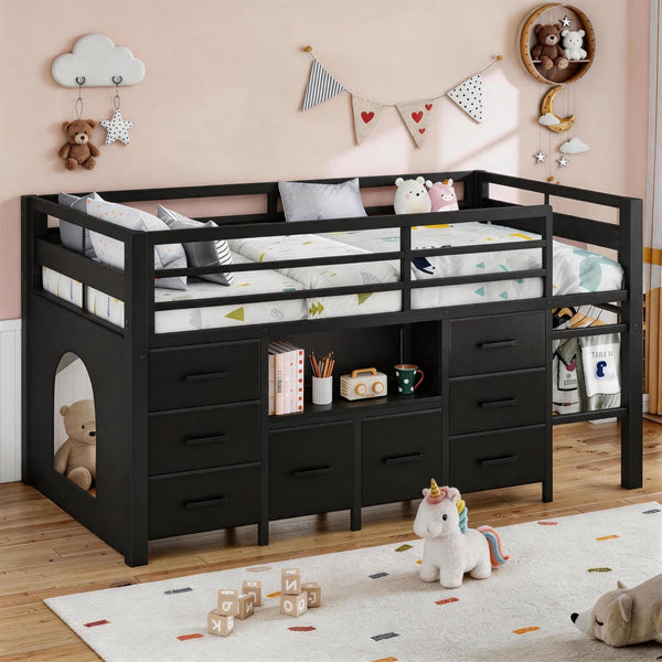 Twin Low Loft Bed with 8 Storage Drawers & Bookcase