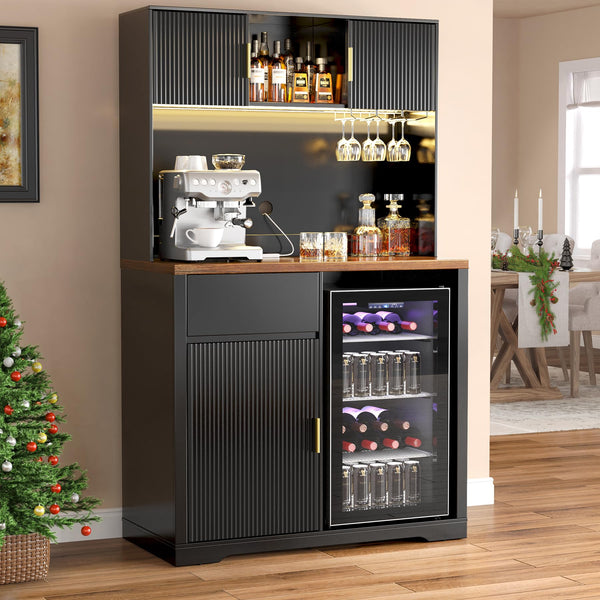 72" Tall Bar Cabinet with Fridge Space, Fluted Hutch, LED Light & Power Outlet