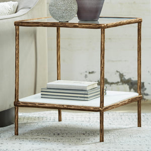 Glass Top Accent Table with Marble Shelf & Metal Frame
