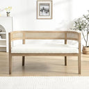 Fabric Upholstered Loveseat with Rattan Backrest & Rubberwood Frame