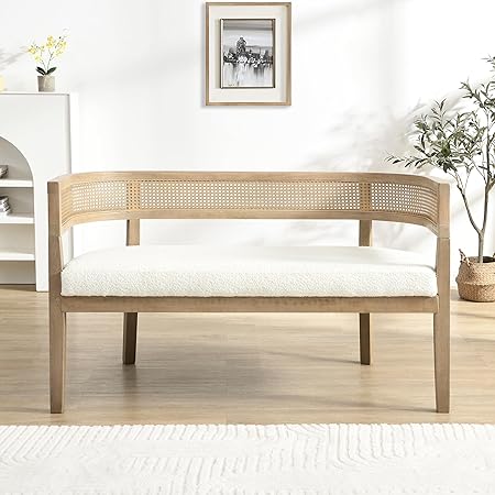 Fabric Upholstered Loveseat with Rattan Backrest & Rubberwood Frame