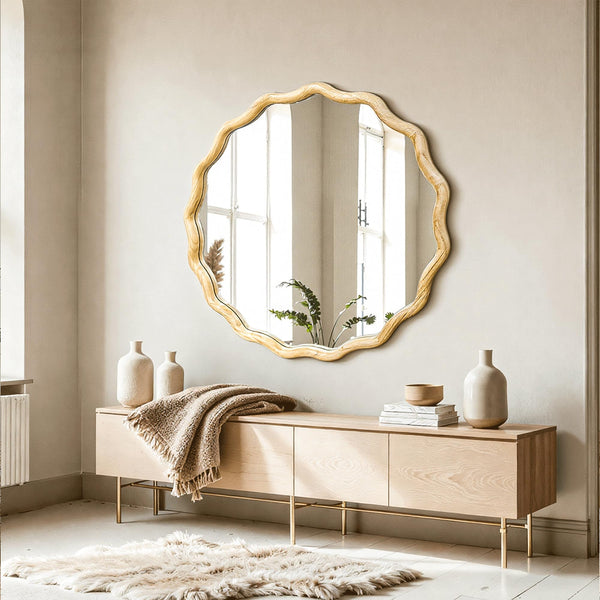 Wavy Round Wood Wall Mirror with Scalloped Frame