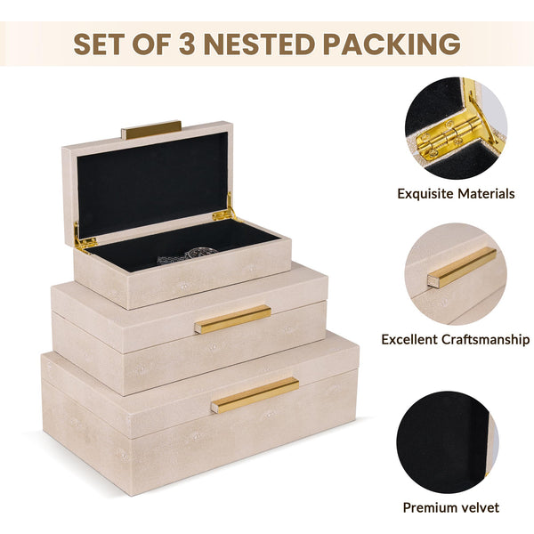 Ivory Shagreen Decorative Boxes Set of 3 with Gold Handles & Velvet Lining