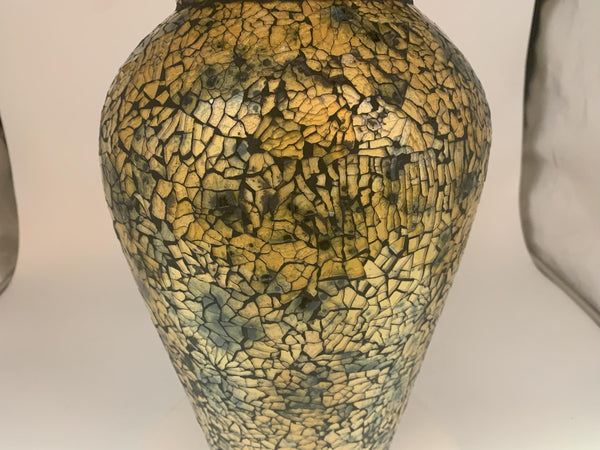 18 Inch Tall Mosaic Floor Vase – Crackled Gold & Black Terracotta Cylinder