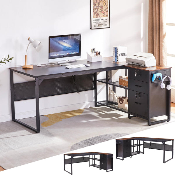 L-Shaped Desk with Drawers & Power Outlet